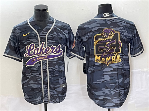 Men's Los Angeles Lakers #24 Mamba Big Logo Gray Camo Cool Base Stitched Baseball Jersey